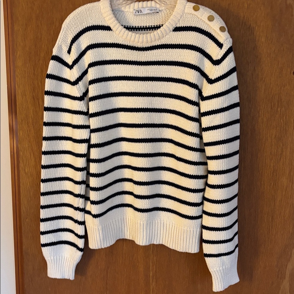 Zara Black and White Striped Knit with Shoulder Buttons